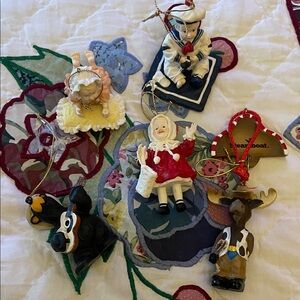 Charming Christmas Ornament Set Featuring Doll Babies, Bear, and Moose